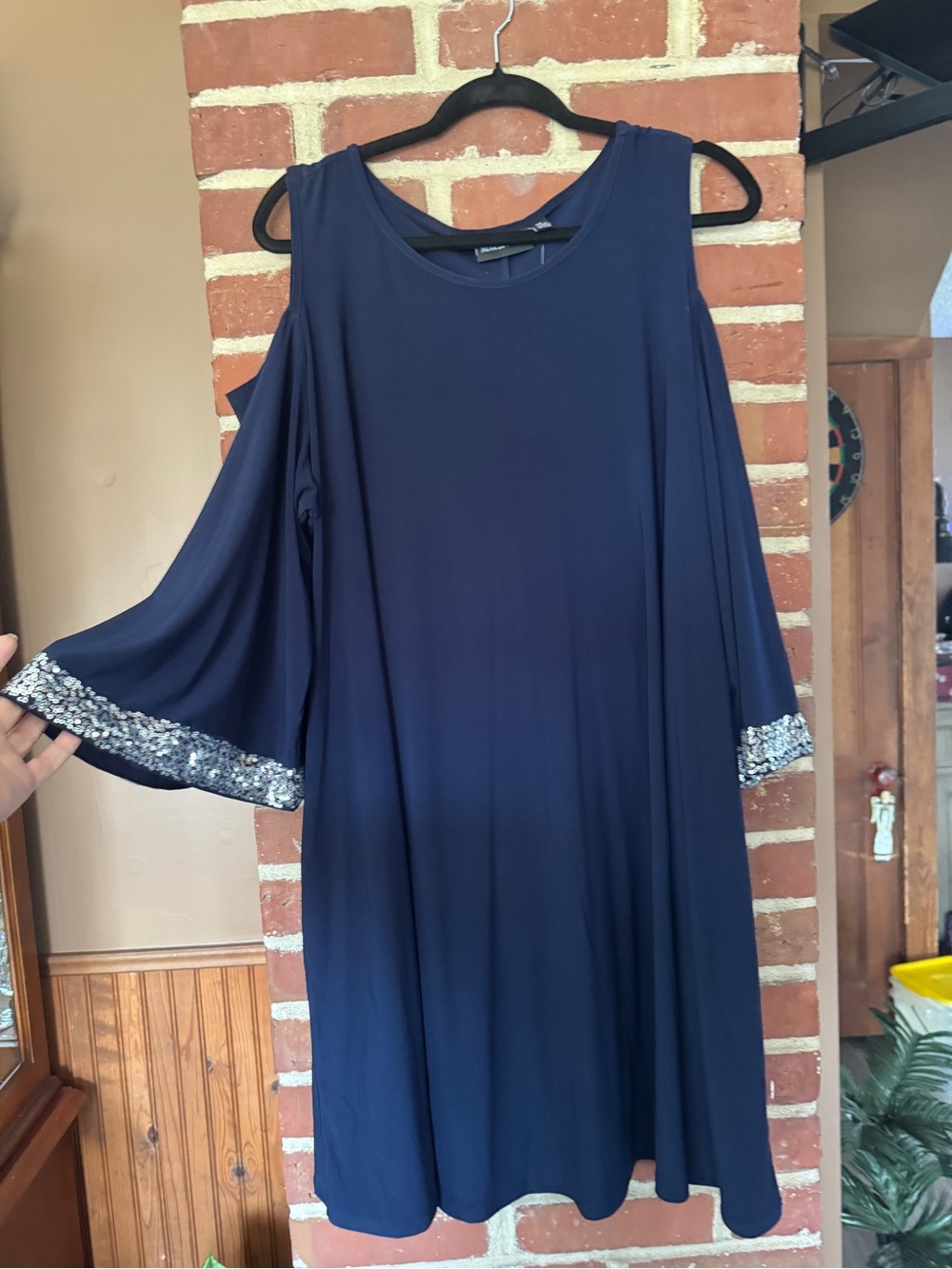 Nina Leonard Navy Cold-Shoulder Midi Dress with Sequin Cuffs